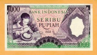Indonesia Unc 1000 Rupiah Banknote Green 1958 P - 62