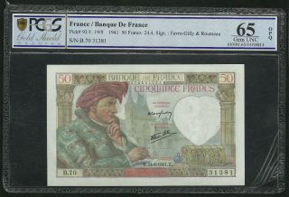 France : 50 Francs Coeur (24 - 4 - 1941) ; Pcgs : Gem Unc 65 ; Opq
