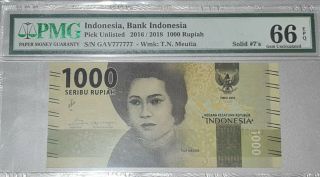 Solid 7 Bank Indonesia 1000 Rupiah 2016 2018 Pick 154 Pmg 66 Epq Unc