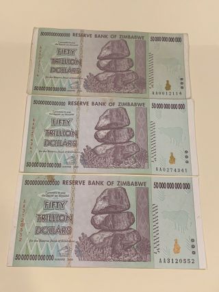 3 X Zimbabwe 50 Trillion Dollar Bill 2008 Circulated 100 (price For 3)