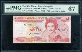 East Caribbean 1 Dollars 1988 - 89 P 21 U Anguilla Gem Unc Pmg 67 Epq High