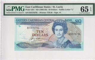 1985 - 93 East Caribbean States 10 Dollars - Suffix Letter " L " Pmg 65 Epq Gem Unc