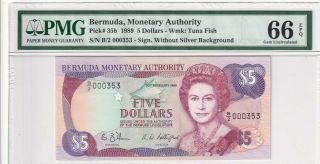 1989 Bermuda 5 Dollars P - 35b S/n B/2 000353 Pmg 66 Epq Gem Unc