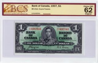 1937 Bank Of Canada $1 Banknote,  Bcs Unc - 62