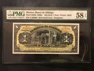 Mexico,  Pmg,  Banco De Hidalgo,  1 Peso,  1914,  Uncirculated.