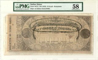 Italy 10 Scudi Banca Pontifica “bologna” Provisional Banknote 1855 Pmg 58 Au