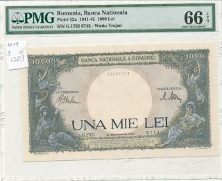 Wwii Romania Banknote Pick 52a 1941 - 45 1000 Lei Pmg 66 Epq