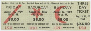 Woodstock 1969 $24 3 Day Full Ticket Pass 12241