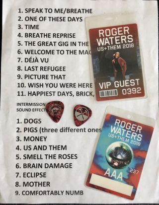 Roger Waters Set List,  Guitar Picks & Passes Pink Floyd