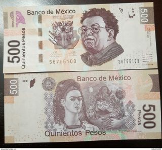 O) 2013 Mexico,  Banknote 500 Pesos - Mxn,  Diego Rivera,  Frida Khalo,  Painting El