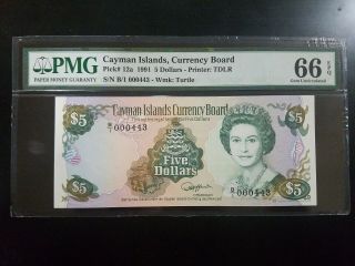 Cayman Islands 5 Dollars 1991 P 12 Low 443 Gem Unc Pmg 66 Epq