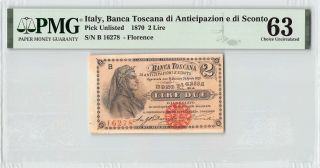 Italy 1870 Pmg Choice Unc 63 2 Lire