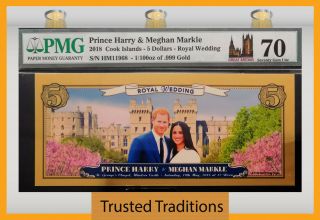 Tt 2018 Cook Islands $5 Real Gold Prince Harry Royal Wedding Pmg 70 Perfect