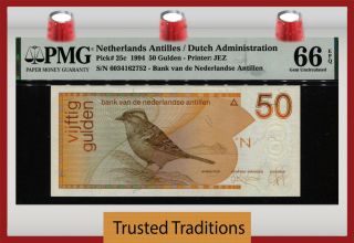 Tt Pk 25c 1994 Netherlands Antilles 50 Gulden Bird Pmg 66 Epq Gem Uncirculated