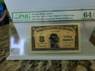 French West Africa Pick 28b 5 Francs Sn U Oi81586 Pmg 64 Epq