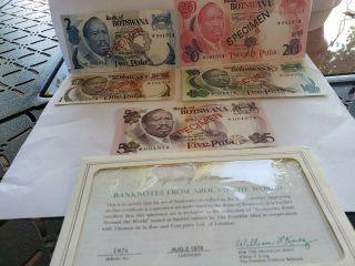Botswana 5 Notes - 1,  2,  5,  10,  20 Pula Specimens,  (1979) Unc Fancy Sn Year 1974