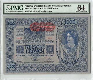 Austria 1902 (nd 1919) P - 61 Pmg Choice Unc 64 1000 Kronen