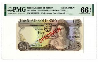 Jersey.  States Of Jersey.  1976 - 88 Specimen 5 Pounds P - 12as Pmg Gem Unc 66 Epq