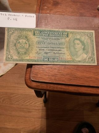 1961 British Honduras 1 Dollars P - 28b Queen Elizabeth Ii G