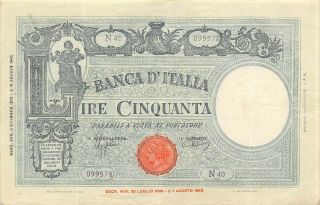 Italy 50 Lire 8.  10.  1943 P 65 Series N 40 Circulated Banknote Meit