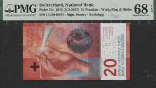 Tt Pk 76c 2015 Switzerland National Bank 20 Franken Pmg 68 Epq Gem Unc.