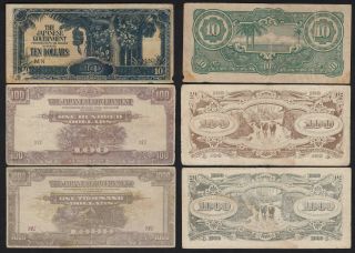Malaya Malaysia Japanese Government 10,  100,  1000 Dollar Nd (1942/45) (21195