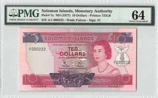 Solomon Islands Nd (1977) P - 7a Pmg Choice Unc 64 10 Dollars Fancy S/n 222