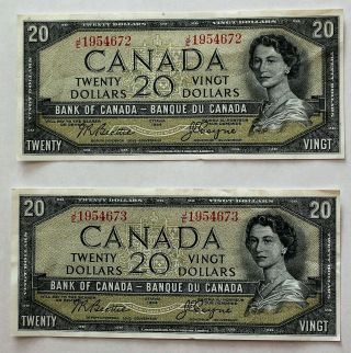 2 X 1954 Canada $20 Twenty Dollar Bills; Je1954672 & Je1954673; Uncirculated.