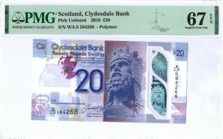Scotland (clydesdale Bank) 20 Pounds 2019 Pmg 67 Epq S/n W/ls 584268 Polymer