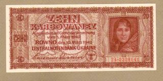 Ukraine: 10 Karbonawez Banknote,  (unc),  P - 52,  10.  03.  1942,