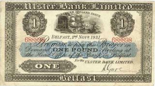Northern Ireland Ulster Bank 1 Pound Banknote 1931