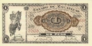 Mexico Estado Zacatecas 1 Peso Banknote 1919 Cu - Unlisted