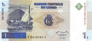 Congo 1 Franc 01.  11.  1997 P 85a Block F 1/2 Cat.  Uncirculated Banknote Ess