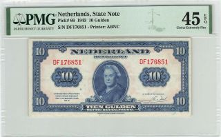 Netherlands 10 Gulden 1943 State Note Pick 66 Pmg Choice Extremely Fine 45 Epq