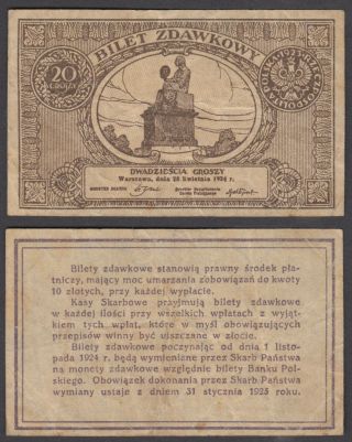 Poland 20 Groszy 1924 - 25 (vf) Banknote P - 45
