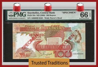 Tt Pk 35s Nd (1989) Seychelles Central Bank 100 Rupees Specimen Pmg 66 Epq Gem