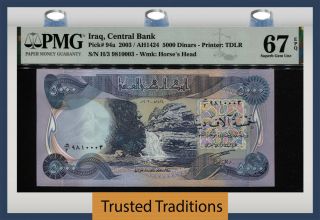 Tt Pk 94a 2003 / Ah1424 Iraq Central Bank 5000 Dinars Pmg 67 Epq Gem Unc