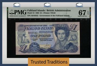 Tt Pk 13 1984 Falkland Islands 1 Pound Queen Elizabeth Ii Pmg 67 Epq Gem