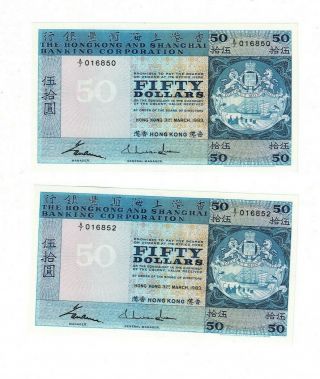 2 X Hong Kong Hsbc 1983 50 Dollars Both Choice Unc