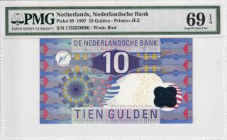 1997 Netherlands 10 Gulden P - 99 S/n 1133556000 Pmg 69 Epq Gem Unc