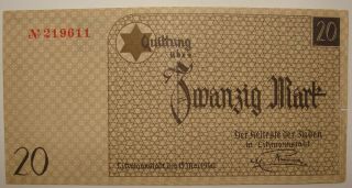Jewish Judaica Poland Ghetto Lodz Litzmannstadt 20 Mark Note 1940