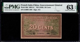 French Indochina 20 Cent 1939 Unc Pick 86d Pmg 63epq