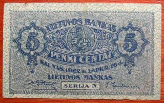 Lithuania 5 Centai 1922 Y.  Serija N Rare