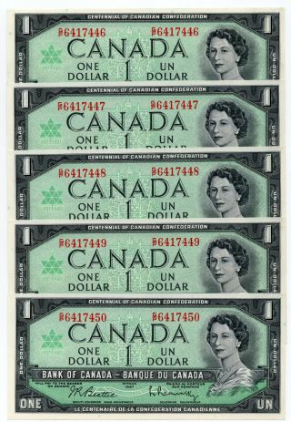 Centennial Canadian Confederation 1867 - 1967 $1 One Dollar 5 Consecutive Notes