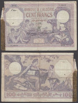 Algeria 100 Francs 1936 (g - Vg) Banknote Km 81b