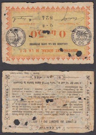 Ivory Coast 50 Centimes 1917 (g - Vg) Banknote P - 1 Cote D 