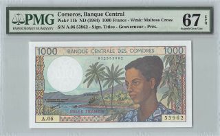 Comoros Nd (1984) P - 11b Pmg Gem Unc 67 Epq 1000 Francs