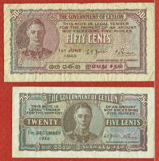 Government Of Ceylon 1.  12.  1949 25¢ & 1.  6.  1948 50¢ & Cent.  Bank 11.  9.  1959 1 Rupee