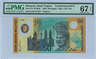 Malaysia 50 Ringgit 1998 Pmg 67 Epq S/n Kl/98 277537 " Commemorative " Polymer