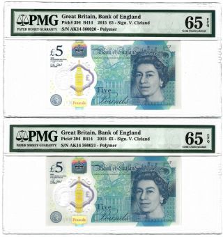 Great Britain Bank Of England 5 Pounds 2015,  P - 394 B414 Pmg 65 Epq Unc,  2x Notes